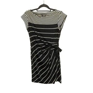 Taylor for A Pea In The Pod M Faux Wrap Dress Cap Sleeves Polka Dots Black Beige